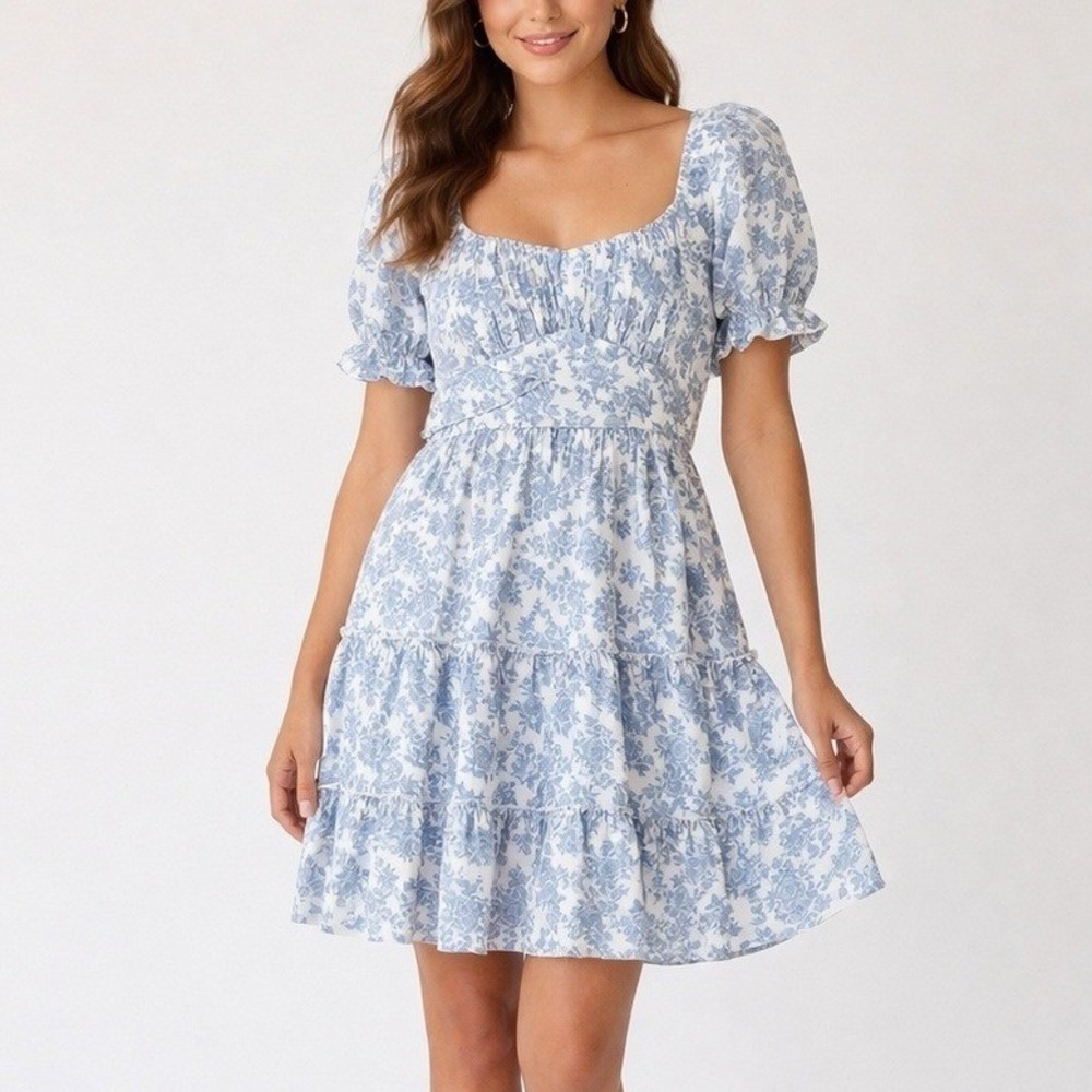 Trixxi Floral Mini Dress Blue White Puff Sleeve Tiered Cottagecore Summer M